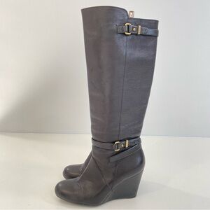 Coach Adair black leather tall wedge boots gold zip buckle detail round toe 6.5B